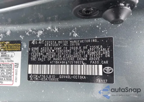 2007 Toyota Camry Se V6 from USA, damaged, VIN 4T1BK46K47U518629